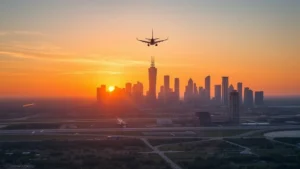 Aerial view of Dallas skyline with DFW airport in background, sunrise lighting, commercial aircraft approaching runway, vibrant Texas landscape visible below