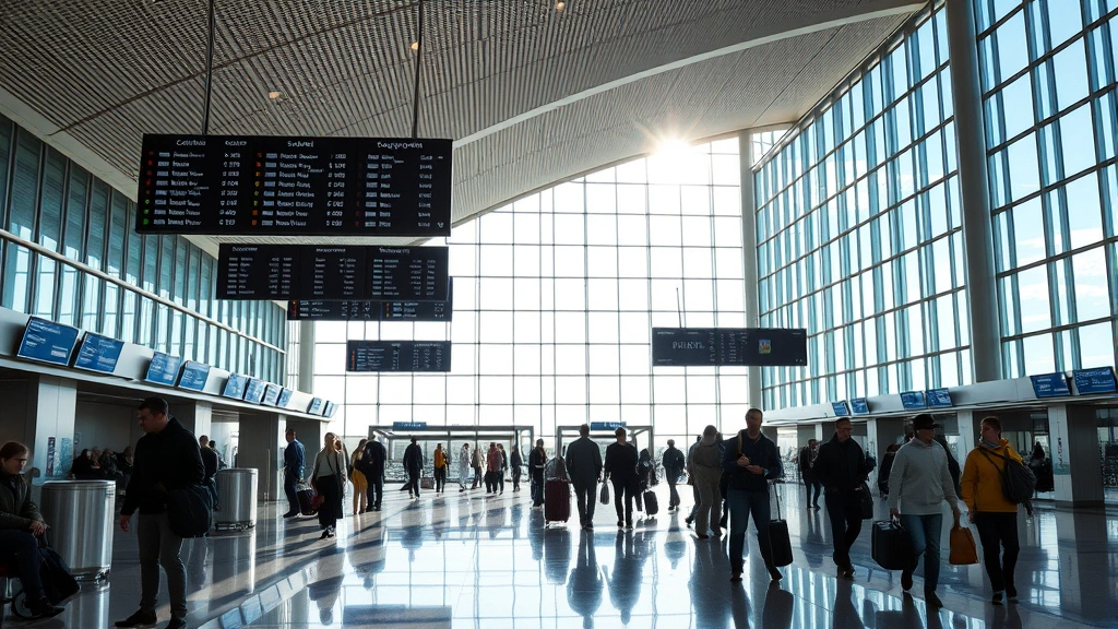 Modern airport terminal interior with travelers at departure boards, natural daylight streaming through windows, busy but organized atmosphere, contemporary airport design elements