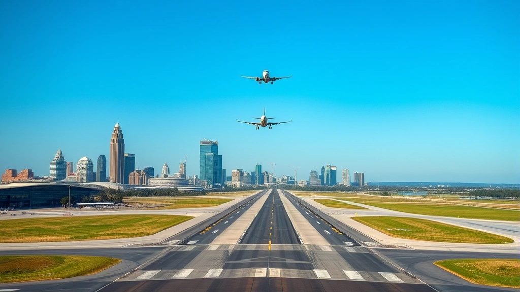 Atlanta cityscape with Hartsfield-Jackson airport runway in foreground, aircraft taking off into clear blue sky, city buildings visible in distance, professional aviation photography