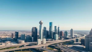 Aerial view of Dallas skyline with modern skyscrapers and highways intersecting, clear blue Texas sky, professional photography, daytime lighting, high altitude perspective