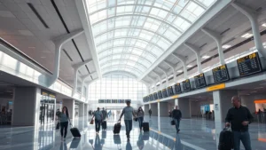 Photorealistic image of Dallas Fort Worth airport terminal with modern architecture, travelers walking through with luggage, bright natural lighting from skylights, departure boards visible in background