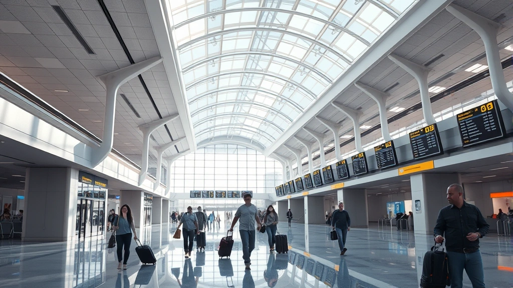 Photorealistic image of Dallas Fort Worth airport terminal with modern architecture, travelers walking through with luggage, bright natural lighting from skylights, departure boards visible in background