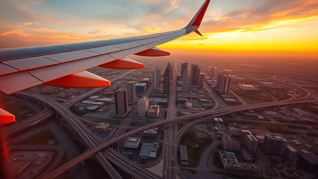 Overhead view of commercial airplane flying over Dallas cityscape during golden hour sunset, showing urban landscape below with highways and buildings