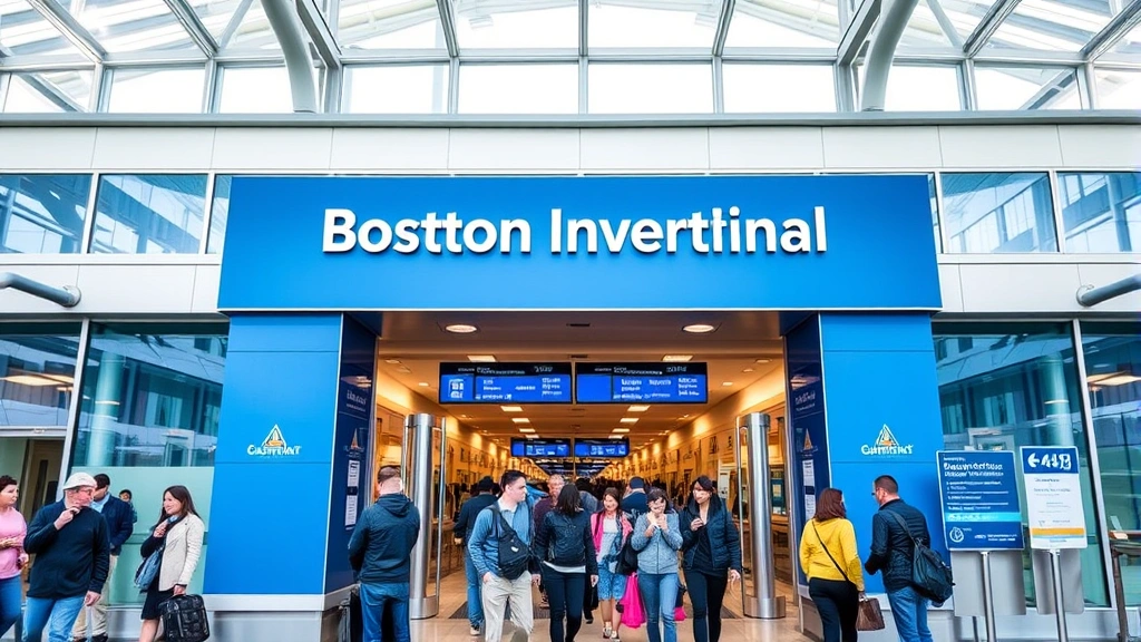Boston Logan International Airport gate area with passengers boarding, modern airport architecture, blue and white color scheme, realistic airport atmosphere with travelers and airport staff