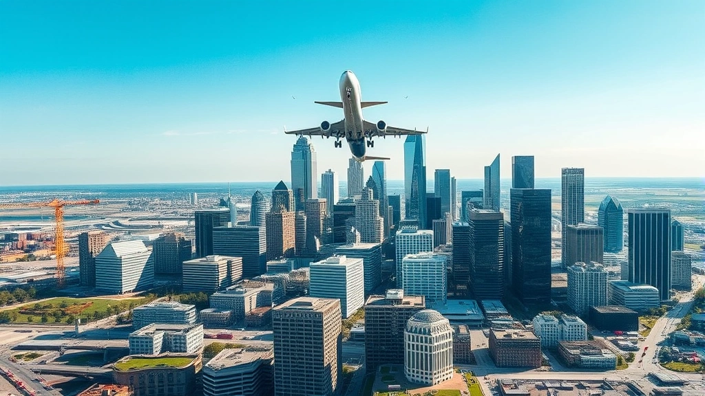 Aerial view of Dallas downtown skyline with commercial airplane in flight approaching, clear blue sky, modern urban landscape below, photorealistic