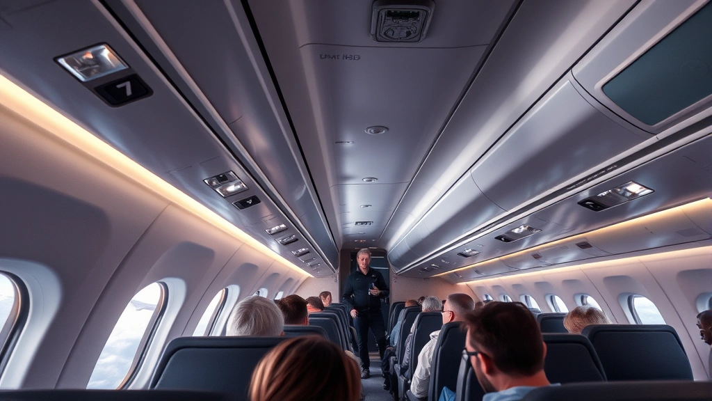 Interior of modern commercial aircraft cabin during flight with passengers seated, wing visible through window, clouds outside, professional lighting