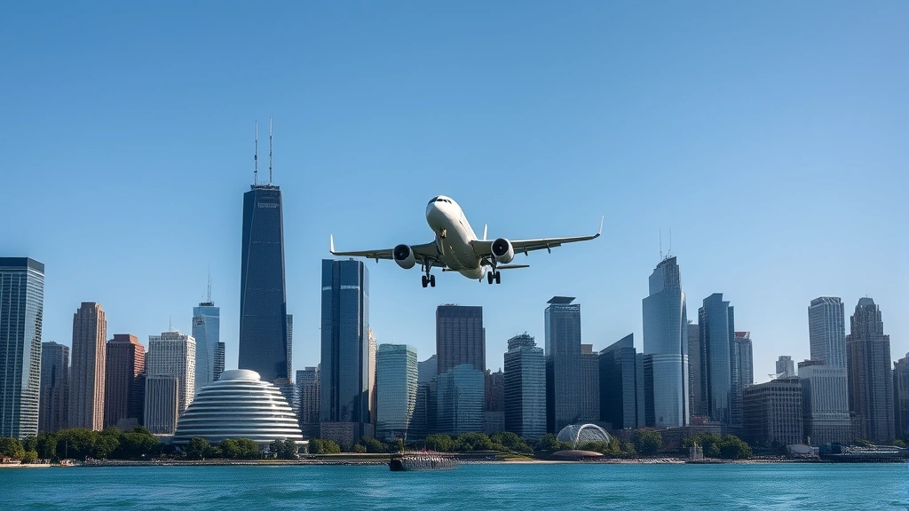 Chicago downtown skyline with Lake Michigan, commercial airplane landing approach in background, modern architecture, clear weather conditions, photorealistic