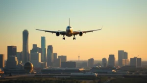 Aerial view of Dallas skyline with commercial aircraft approaching Love Field Airport, morning light, clear skies, plane in descent with landing gear visible