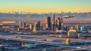 Aerial view of Denver skyline with Rocky Mountains in background, commercial aircraft approaching Denver International Airport during golden hour