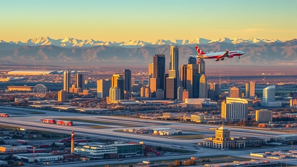 Aerial view of Denver skyline with Rocky Mountains in background, commercial aircraft approaching Denver International Airport during golden hour