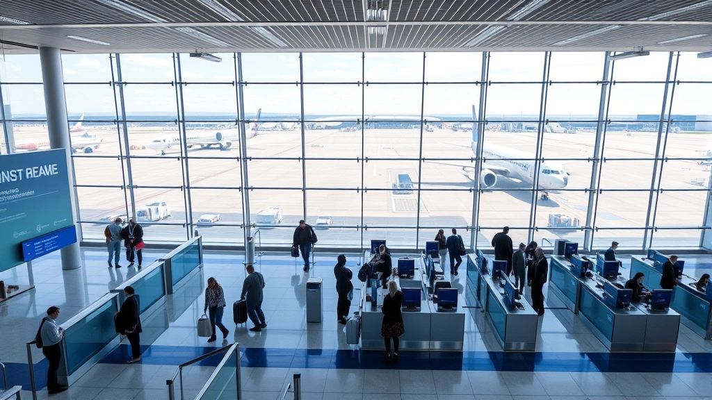 Interior of modern airport terminal with travelers at check-in counters, large windows showing planes at gates, blue and white color scheme