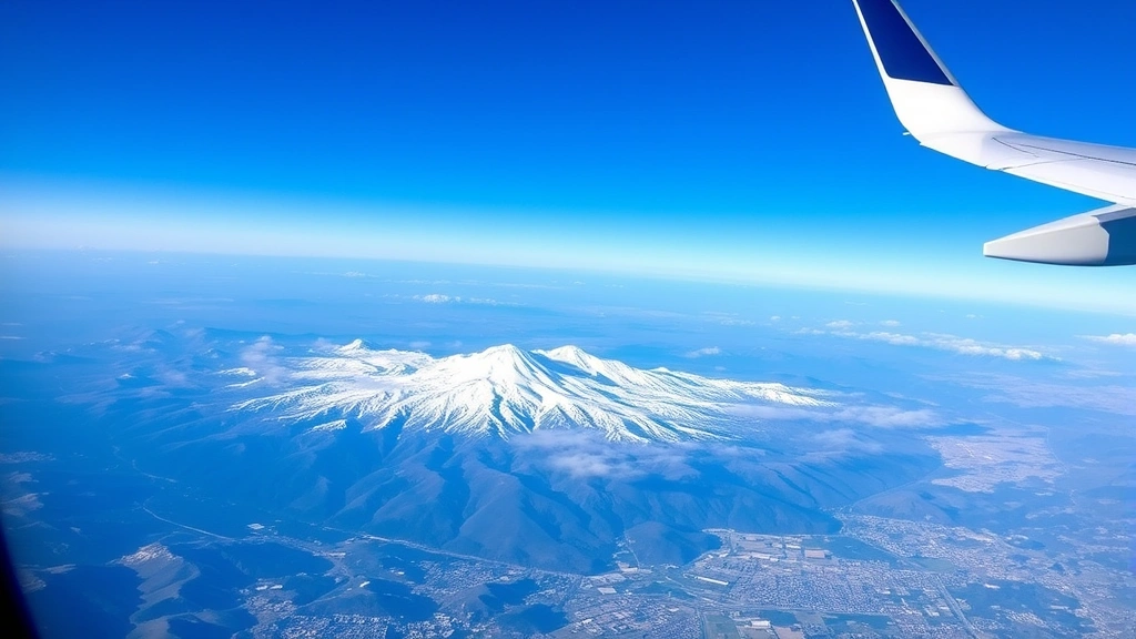 Mountain landscape with Denver cityscape visible below, taken from commercial aircraft window at cruising altitude, clear blue sky