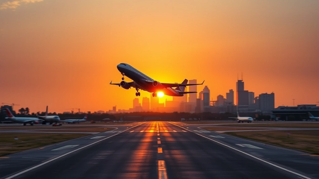 Commercial aircraft taking off from Dallas airport runway at sunrise with city skyline in background, golden hour lighting, dynamic motion blur effect, realistic photography