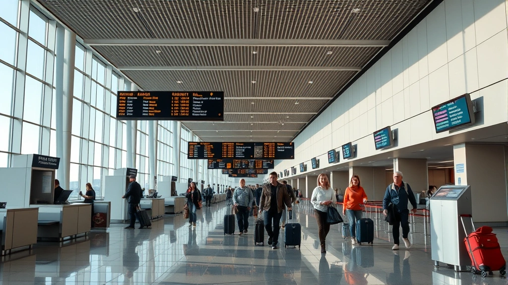 Modern airport terminal interior showing check-in counters and departure boards, travelers with luggage moving through terminal, bright natural lighting, professional travel photography