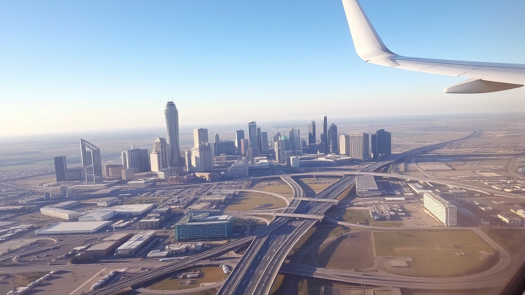 Aerial view of Dallas and Houston skylines during daytime, showing urban landscape and highways connecting both cities, clear weather, wide-angle photography from airplane window