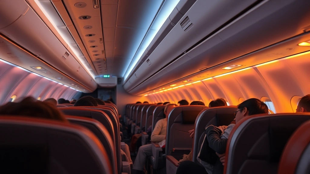 Modern airplane cabin interior during flight at night with passengers sleeping in seats, warm cabin lighting, overhead bins visible, long-haul aircraft interior design