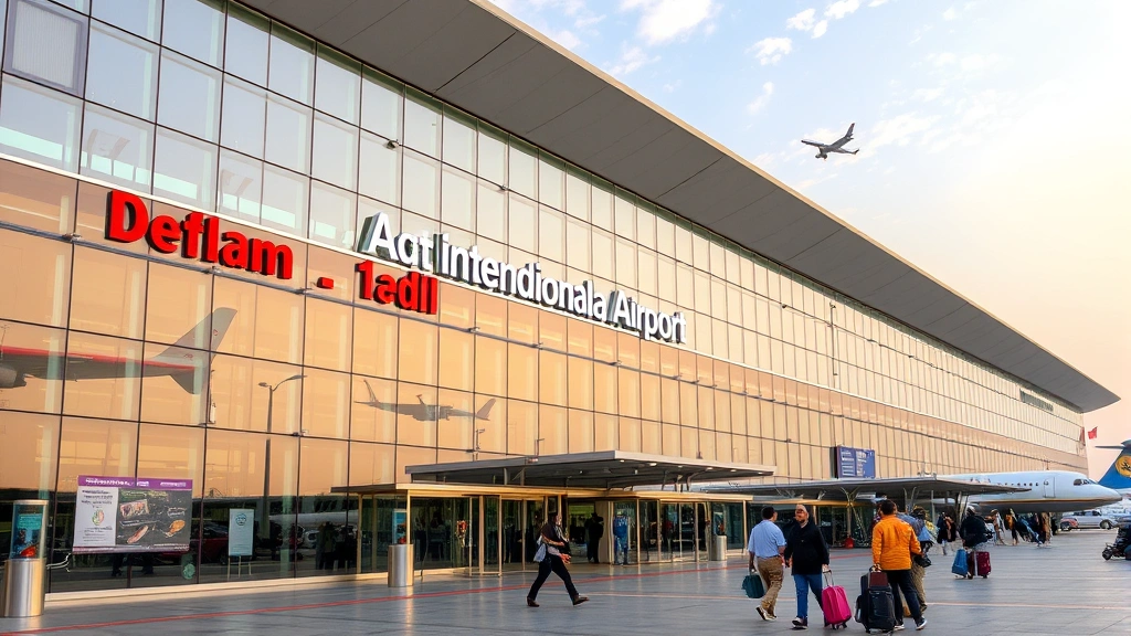Rajiv Gandhi International Airport Hyderabad terminal exterior modern architecture glass facade with planes in background, international airport signage, travelers with luggage