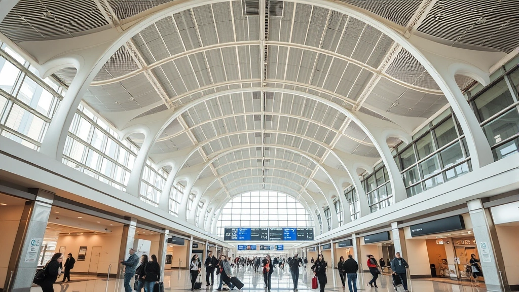 Dallas Fort Worth International Airport DFW modern terminal interior with high ceilings, passengers walking with luggage, departure boards visible, contemporary airport architecture design