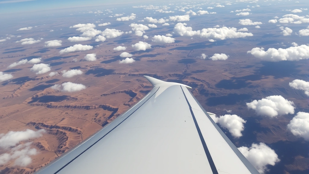 Overhead aerial view of modern aircraft fuselage with wing in flight over southwestern desert landscape with scattered clouds, natural daylight, professional aviation photography