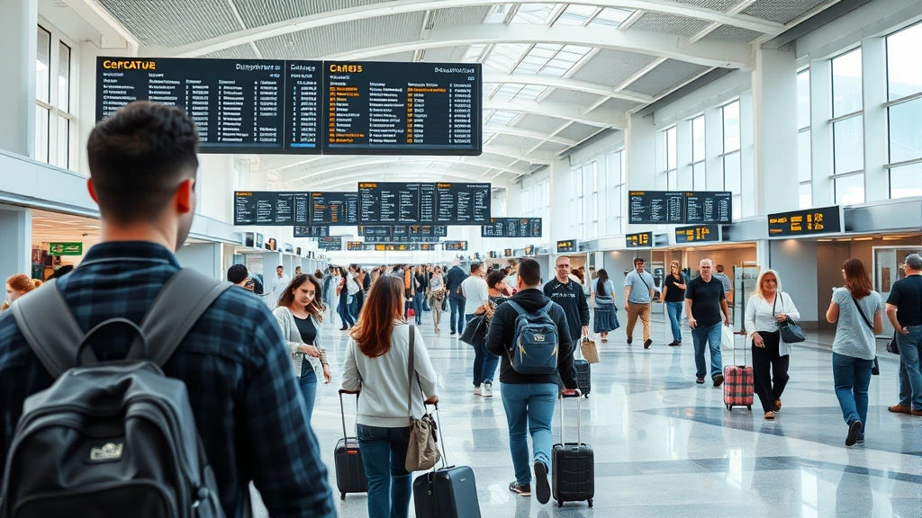 Busy airport terminal interior with travelers checking departure boards and moving through concourse, modern architecture, natural lighting, diverse passengers with luggage