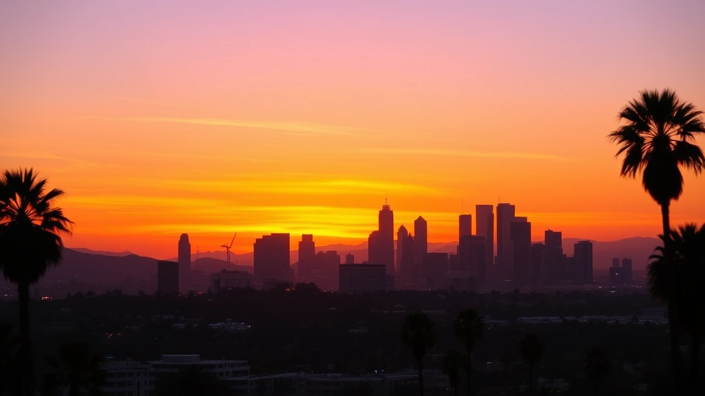 Scenic view of Los Angeles skyline at sunset with downtown skyscrapers and palm trees silhouetted against orange and purple sky, cityscape photography from elevated vantage point