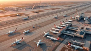 Aerial view of Dallas-Fort Worth airport with multiple commercial aircraft parked at gates, showing the sprawling runway system and terminal buildings at golden hour