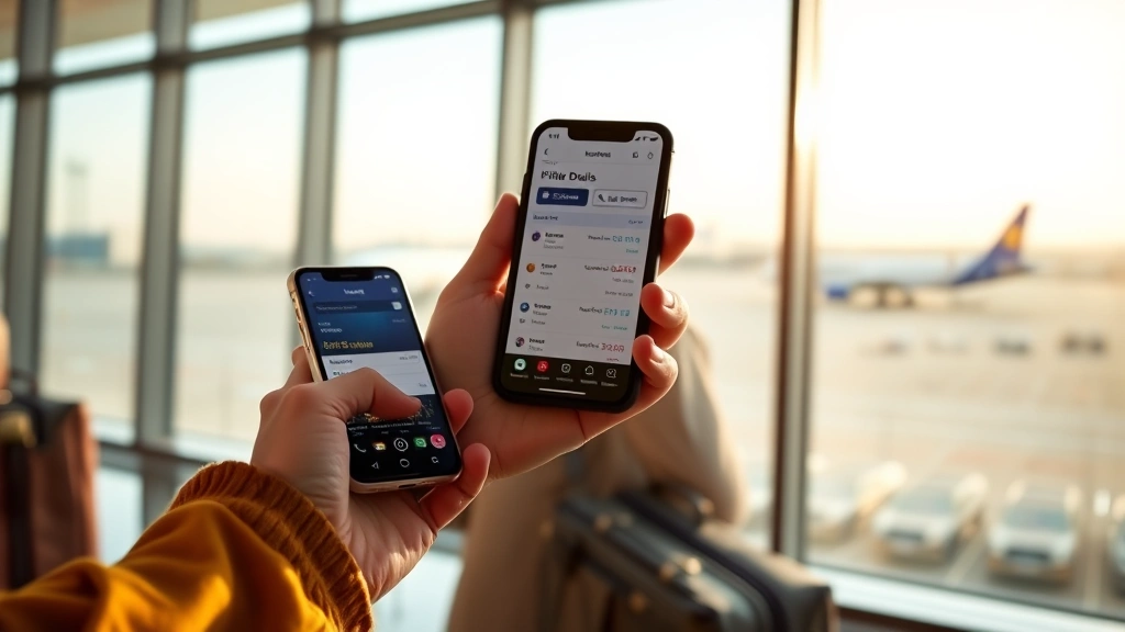 Traveler at airport gate area holding mobile phone displaying price tracking app with flight deals, overlooking the tarmac with aircraft visible through windows