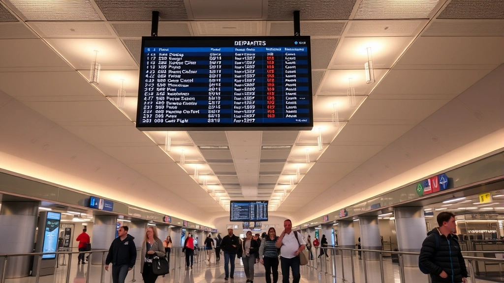 Las Vegas airport terminal interior showing departure board displaying flight information, with passengers walking through modern terminal corridors with contemporary lighting