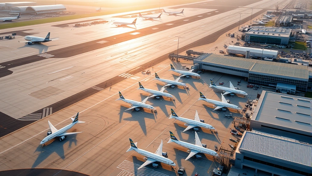 Aerial view of Dallas-Fort Worth International Airport with multiple aircraft parked at gates, morning sunlight illuminating runways, modern terminal buildings visible