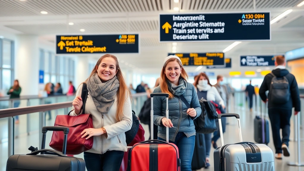 Passengers boarding a transatlantic flight at gate, smiling travelers with carry-on luggage, modern airport terminal interior, international departure area signage visible