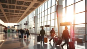 Modern airport terminal at Dallas/Fort Worth with morning sunlight streaming through windows, travelers walking with luggage, departure boards visible in soft focus, bright and welcoming atmosphere
