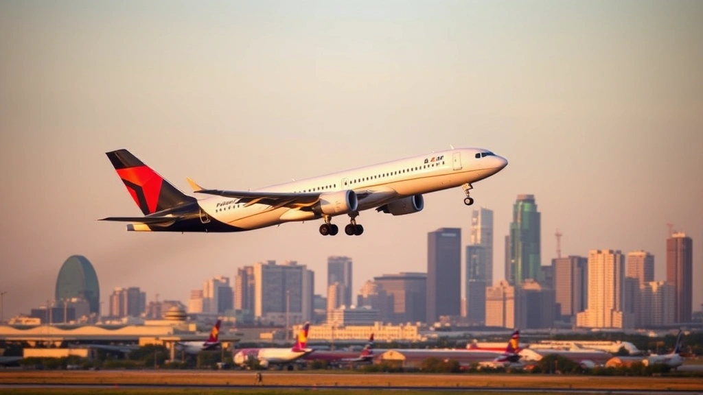 Commercial aircraft taking off from Dallas Love Field airport with city skyline in background, golden hour lighting, professional aviation photography