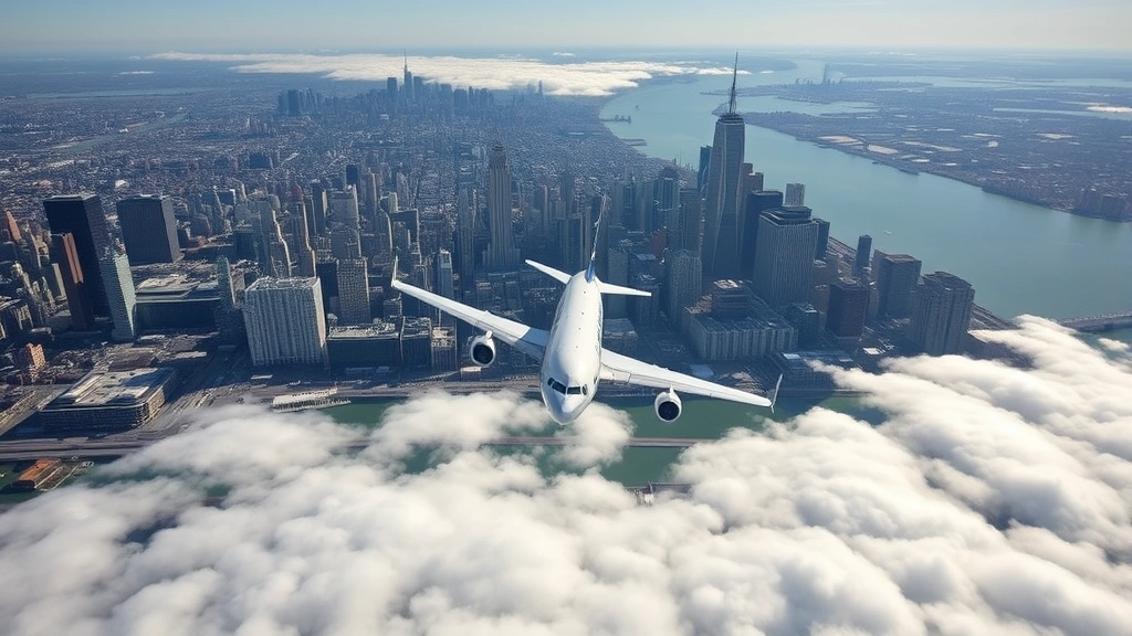 Aerial view of Manhattan skyline and East River with commercial airplane approaching LaGuardia airport, clouds below, daytime bright conditions