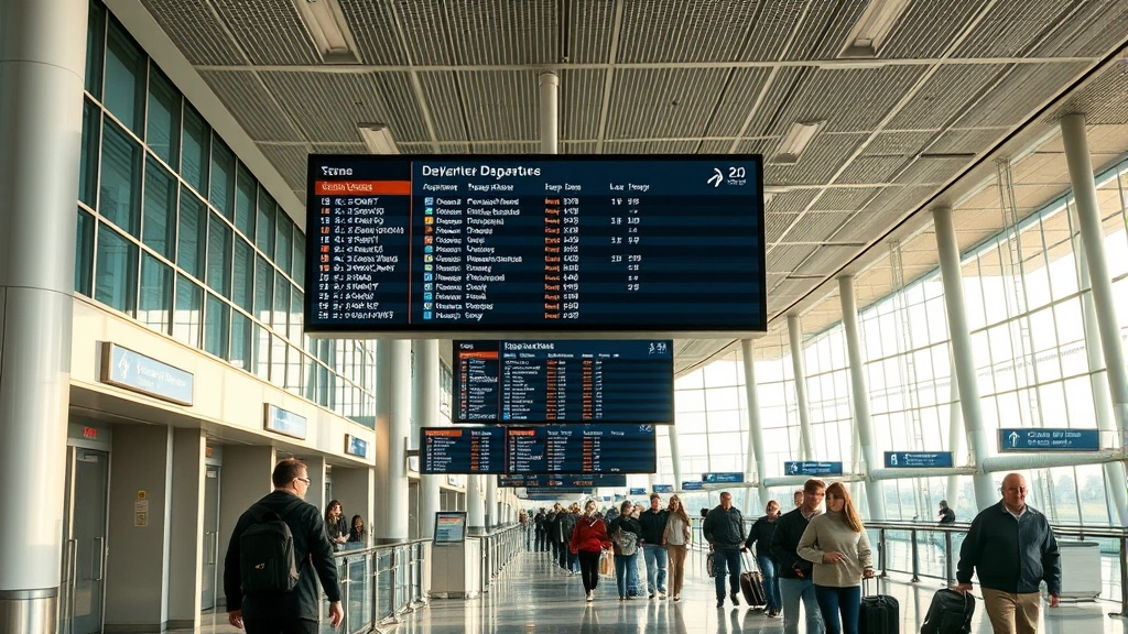 Airport terminal interior showing departure board with flight information and travelers walking with luggage, modern airport architecture, natural lighting