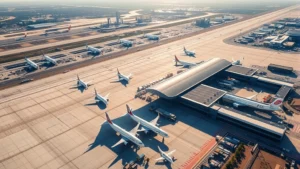 Aerial view of Dallas-Fort Worth International Airport with aircraft parked at gates, sunny Texas landscape visible below, realistic professional photography