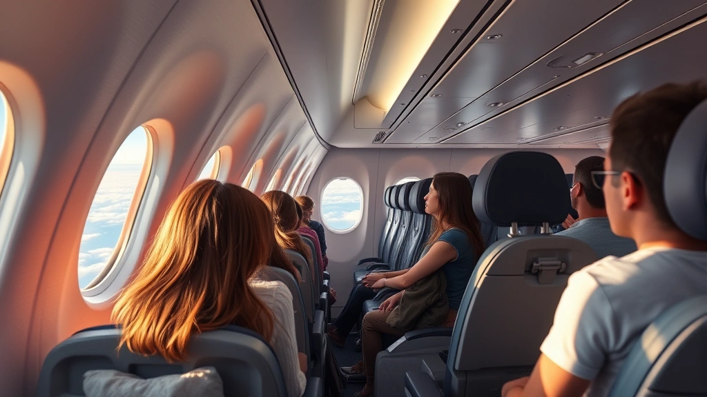 Modern airplane cabin interior with passengers during flight, window seat view of clouds and sky, comfortable seating arrangement, photorealistic travel photography