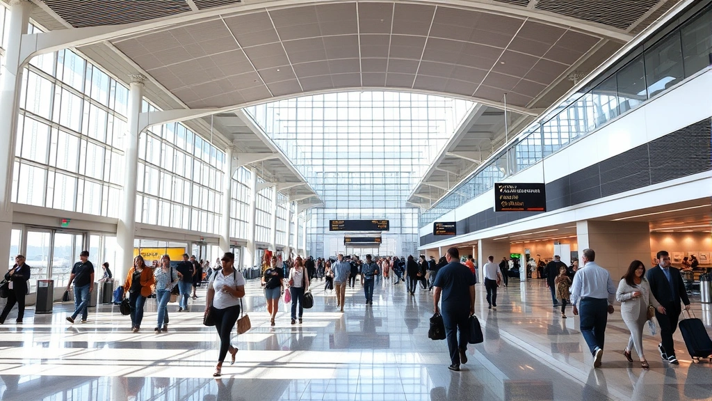 Orlando International Airport terminal interior with travelers walking through departure hall, modern architecture, natural lighting, busy airport atmosphere, realistic photography
