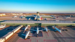 Aerial view of Dallas-Fort Worth International Airport terminal with aircraft parked at gates, modern architecture, blue sky, daytime lighting