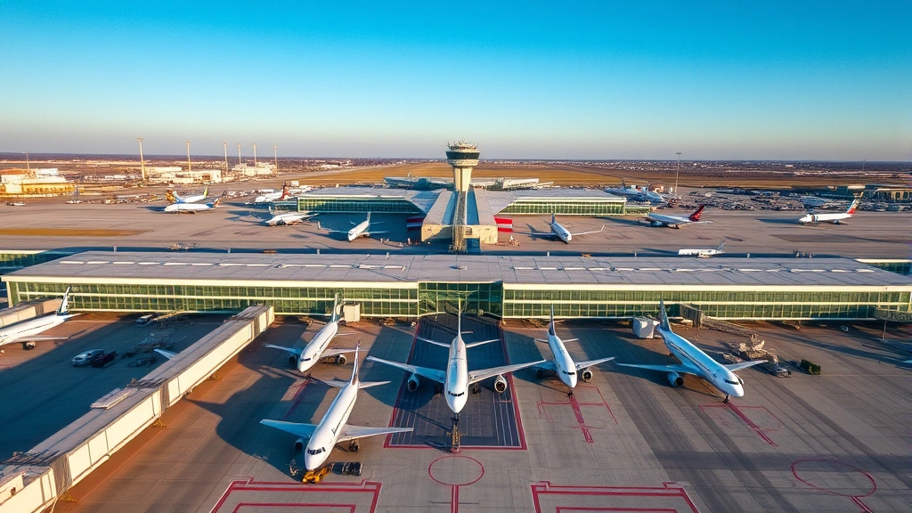 Aerial view of Dallas-Fort Worth International Airport terminal with aircraft parked at gates, modern architecture, blue sky, daytime lighting