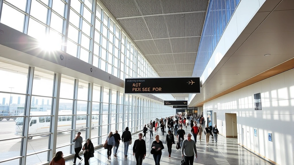 Phoenix Sky Harbor International Airport modern terminal interior with travelers walking, natural sunlight through windows, contemporary design, bustling atmosphere