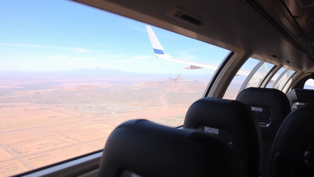 Airplane cabin interior showing passenger seating during flight with window view of Arizona desert landscape below, wing visible, natural lighting