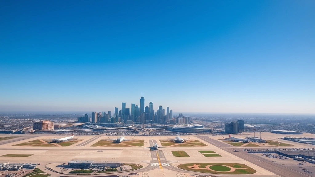 Aerial view of Dallas-Fort Worth skyline with modern airport terminals and runways visible, clear blue sky, professional aviation photography