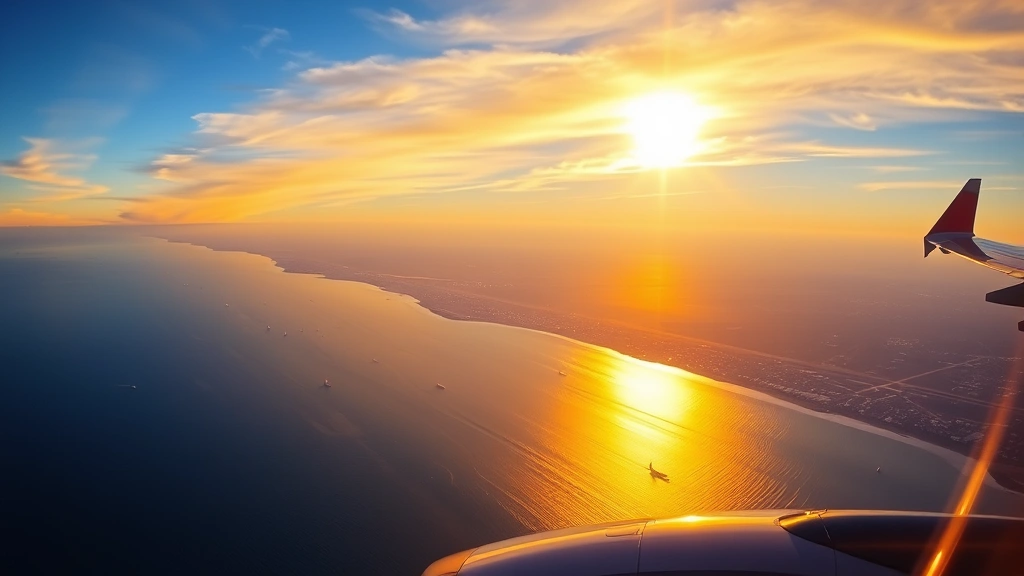 Pacific Ocean coastal view approaching San Diego International Airport during golden hour sunset, aircraft wing visible in frame, beautiful California coastline