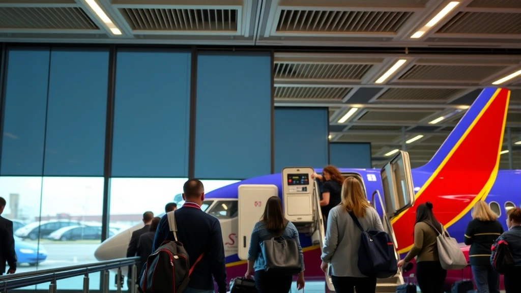 Passengers boarding Southwest Airlines aircraft at gate, modern airport terminal interior, travelers with carry-on luggage, professional travel scene