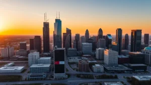 Aerial photograph of Dallas skyline with modern skyscrapers during golden hour sunset, showcasing downtown Dallas architecture and urban landscape