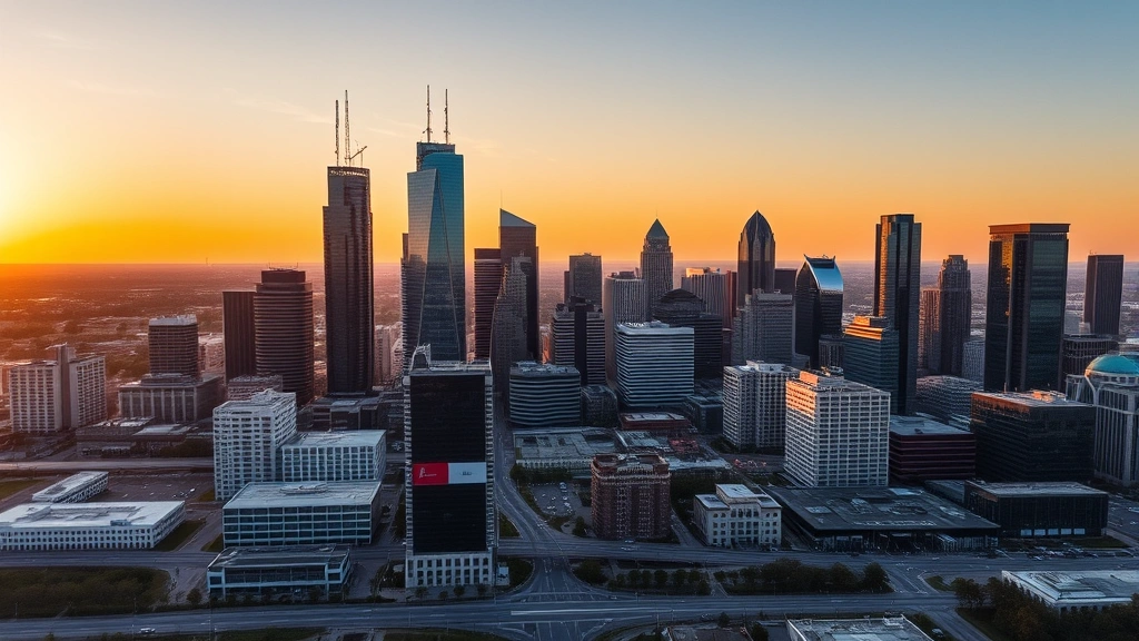 Aerial photograph of Dallas skyline with modern skyscrapers during golden hour sunset, showcasing downtown Dallas architecture and urban landscape