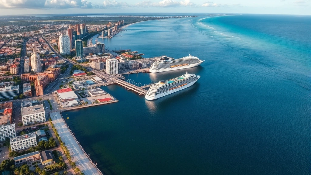 Tampa Bay waterfront aerial view showing Ybor City historic district, cruise ships at port, and Gulf of Mexico beaches with palm trees lining coastal areas