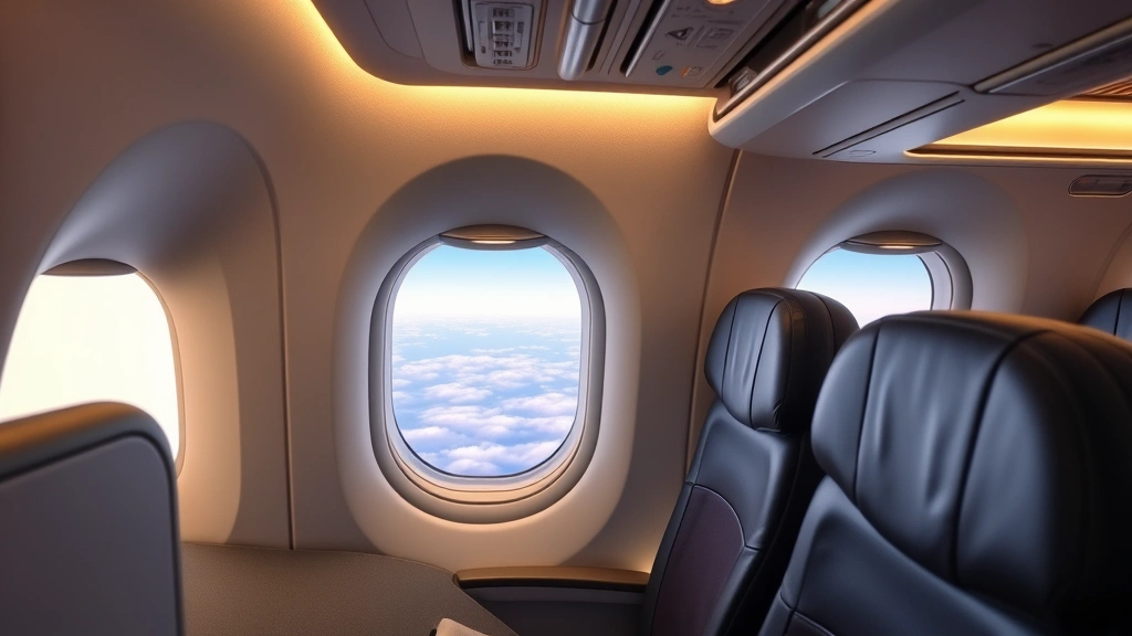 Commercial airplane cabin interior during flight showing window seat view of clouds below, passenger comfort amenities, and overhead compartments with ambient lighting