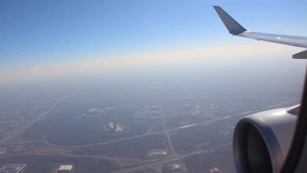 Aerial view of Washington DC skyline with monuments visible from airplane window, sunny day, realistic photography