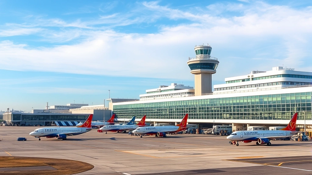 Boston Logan Airport terminal with planes on tarmac, modern architecture, blue sky, realistic airport photography